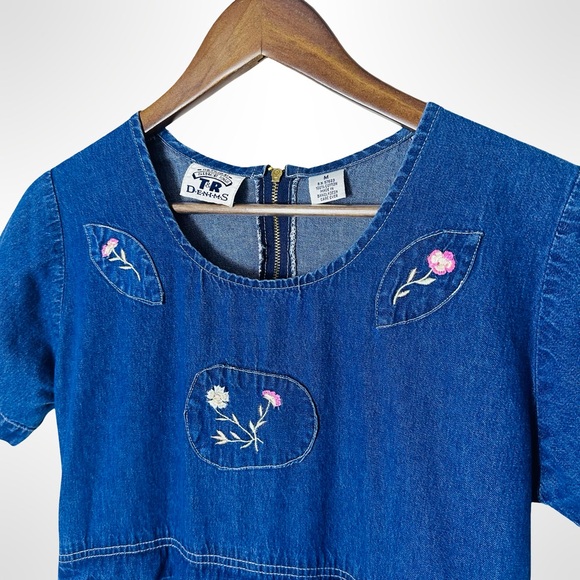 Vintage Blue Embroidered Denim Midi Dress Folk Cottage Medium - Picture 5 of 15
